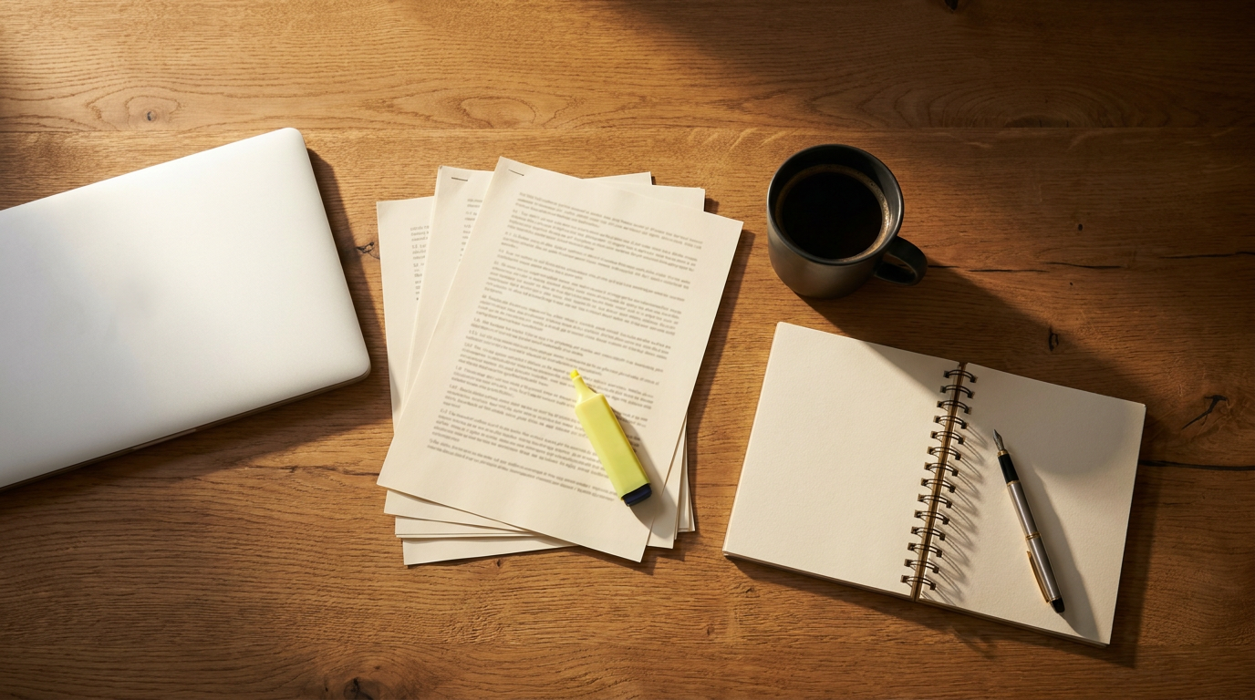 Overhead view of printed contract pages, a highlighter, a laptop and coffee on a wooden desk, representing a CASL consent audit