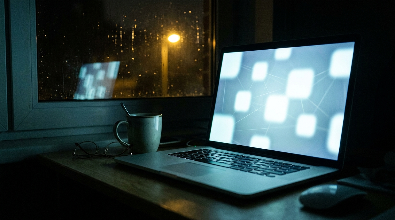 A laptop screen glowing in a dark home office showing an abstract grid, representing tracking scripts loading on a website