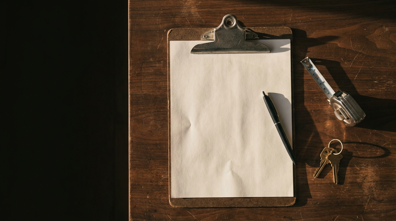 A clipboard with blank paper, a pen, a tape measure and spare keys on a dark table