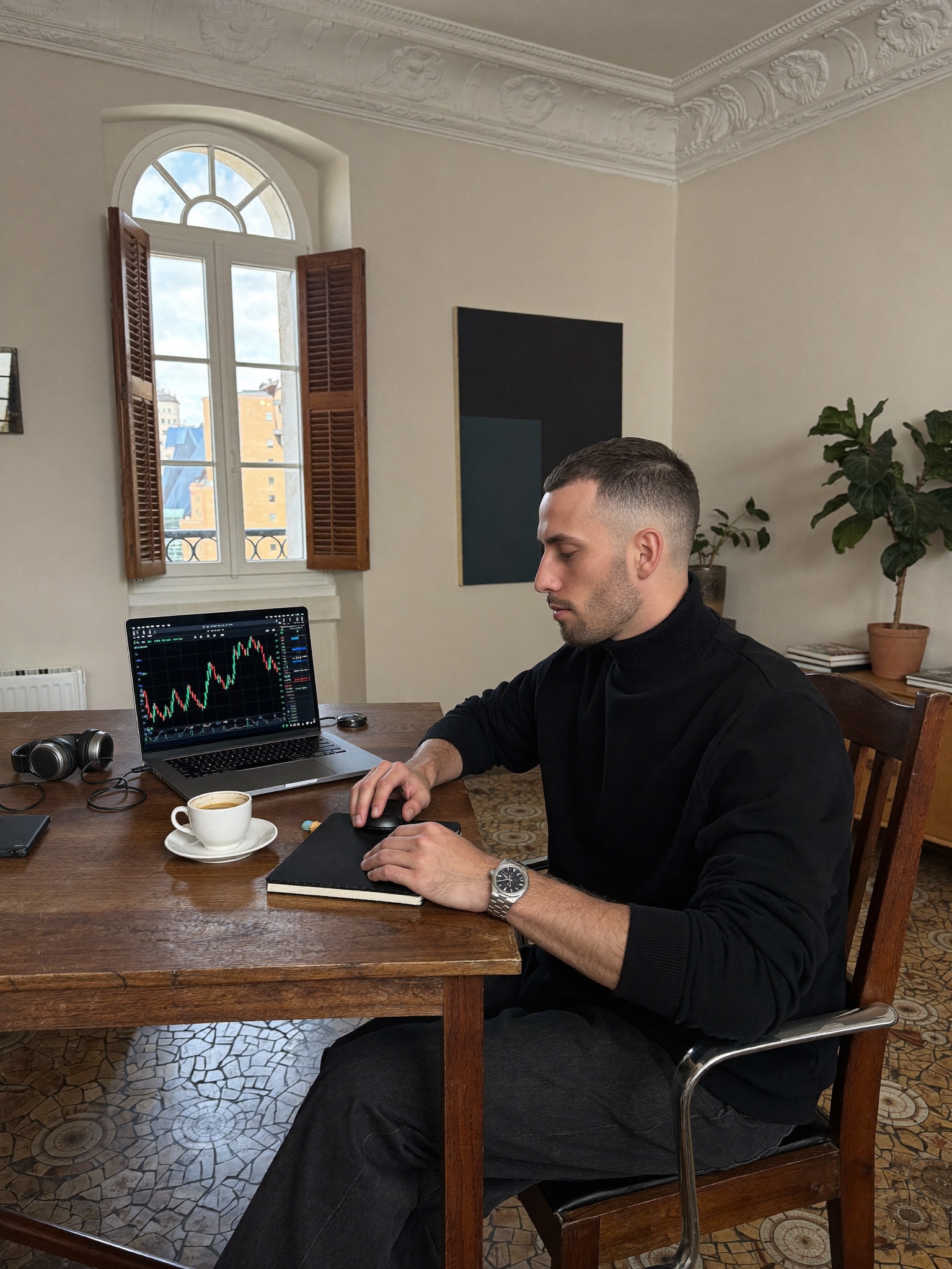 Founder working from an apartment desk with market screens open in the morning