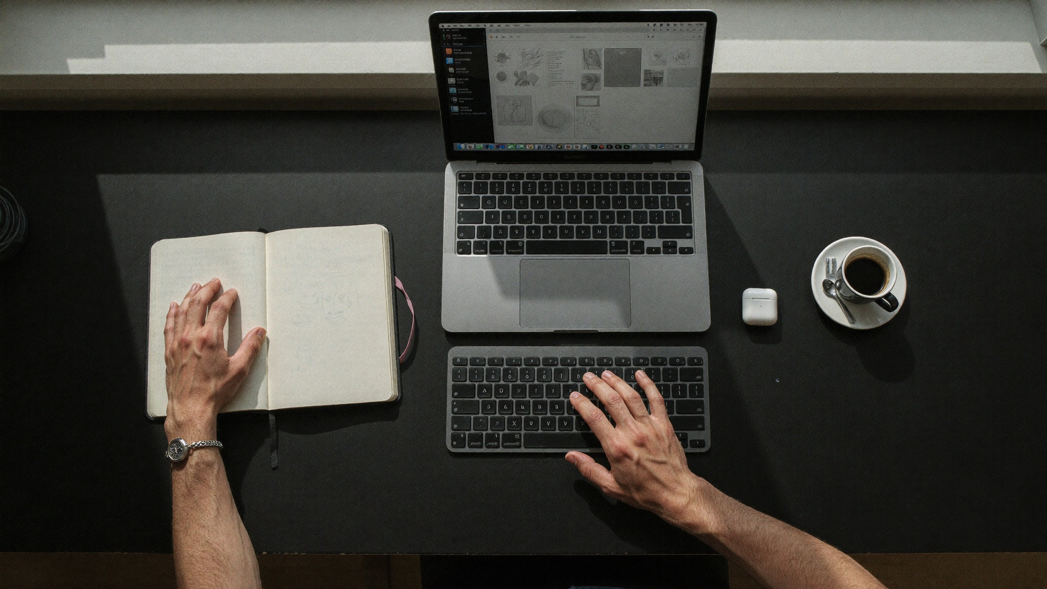 Overhead flat lay of a laptop and open notebook on a dark desk