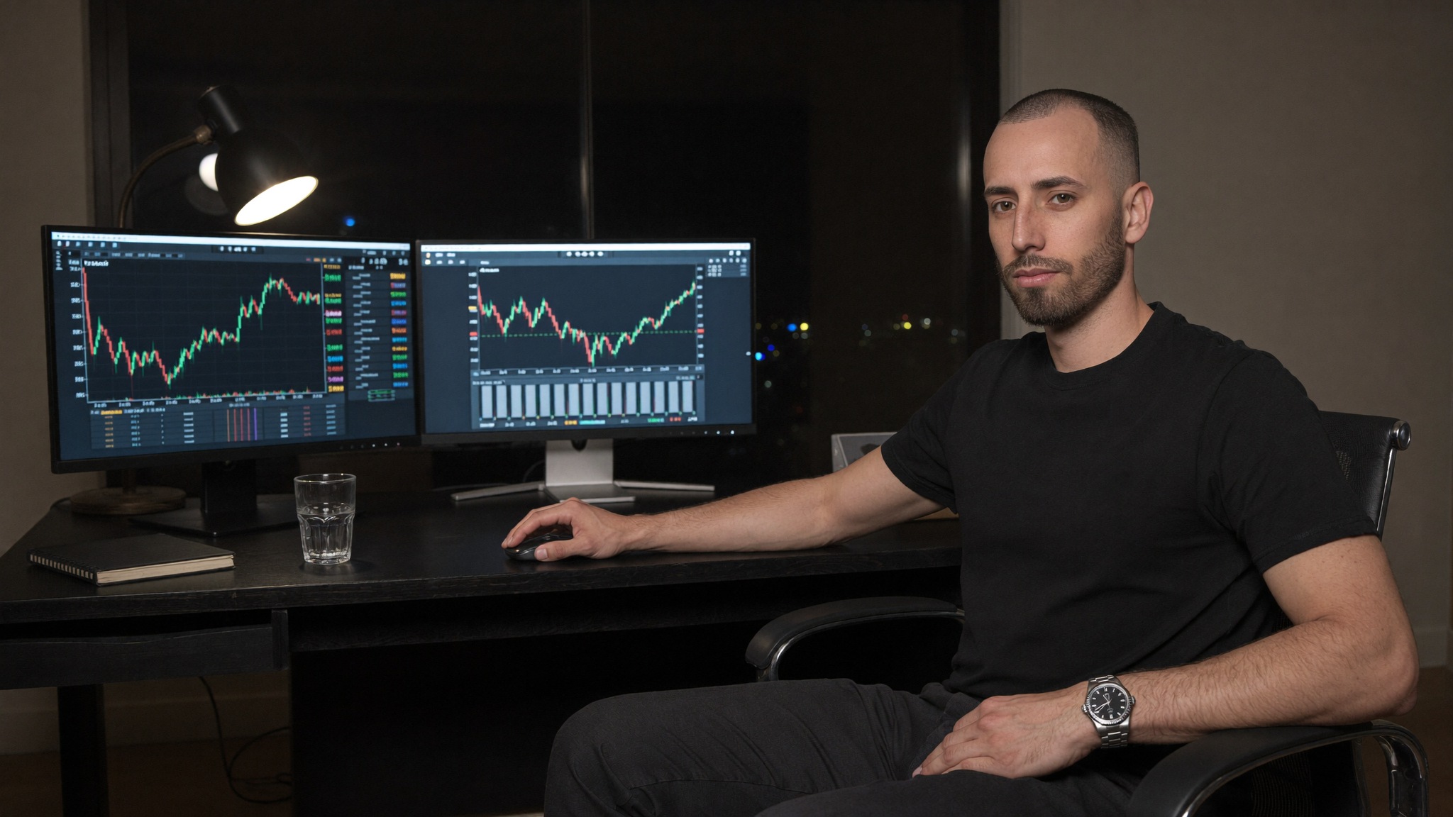 Founder reviewing crypto markets on a multi-screen home office setup at night