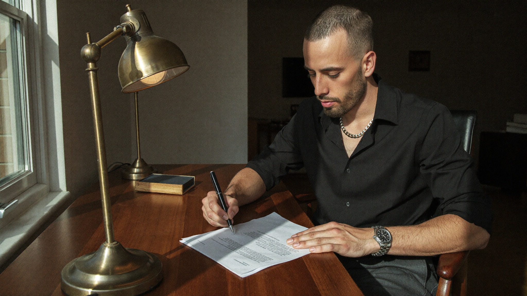 Cody Wise reviewing and signing a contract at a desk in afternoon light, pen in hand