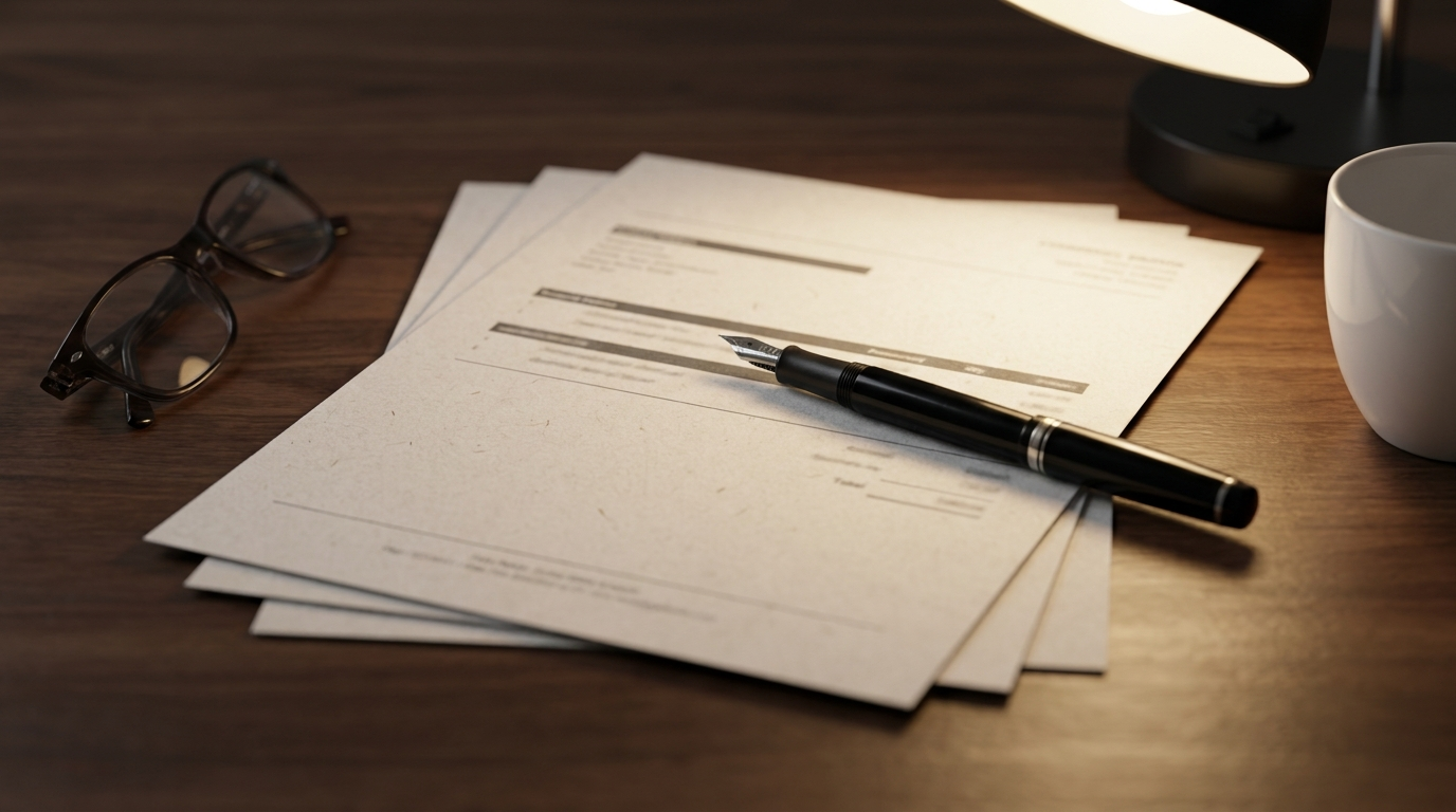 A stack of printed commercial documents and a fountain pen under a desk lamp, representing the invoices, quotes and contracts the Charter treats the same way as a website