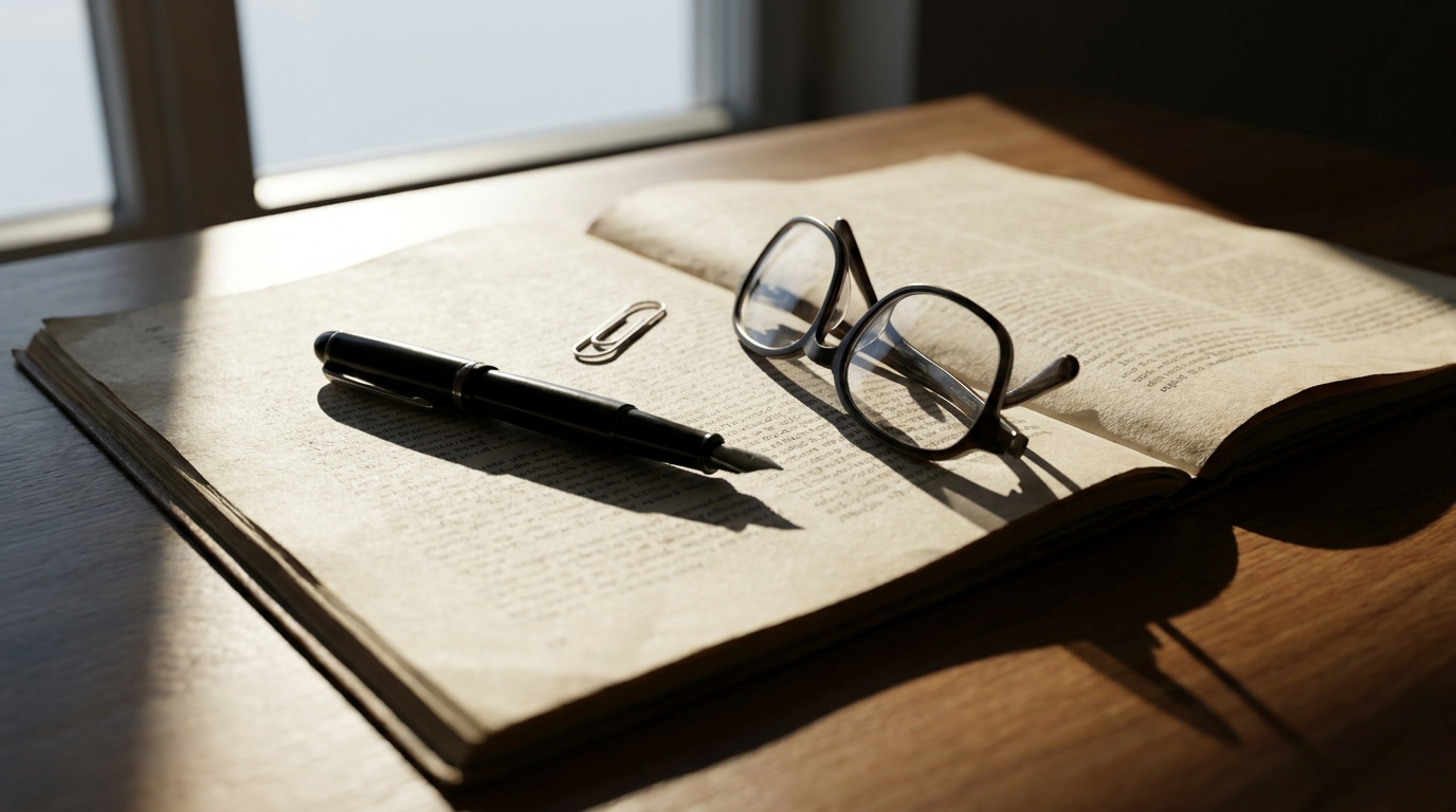 A printed document held open by a pen under raking window light