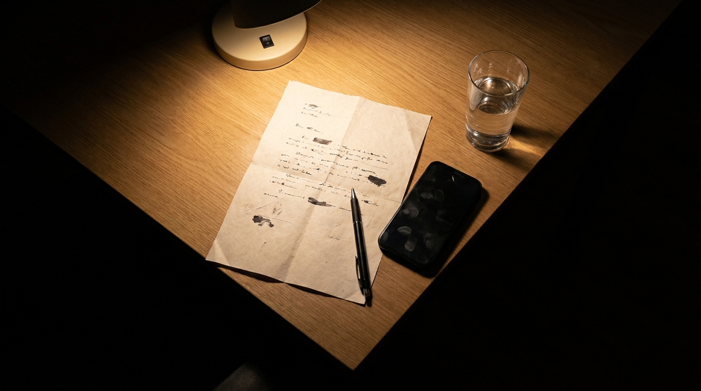 Printed contest rules under a pen on a desk lit by a single lamp