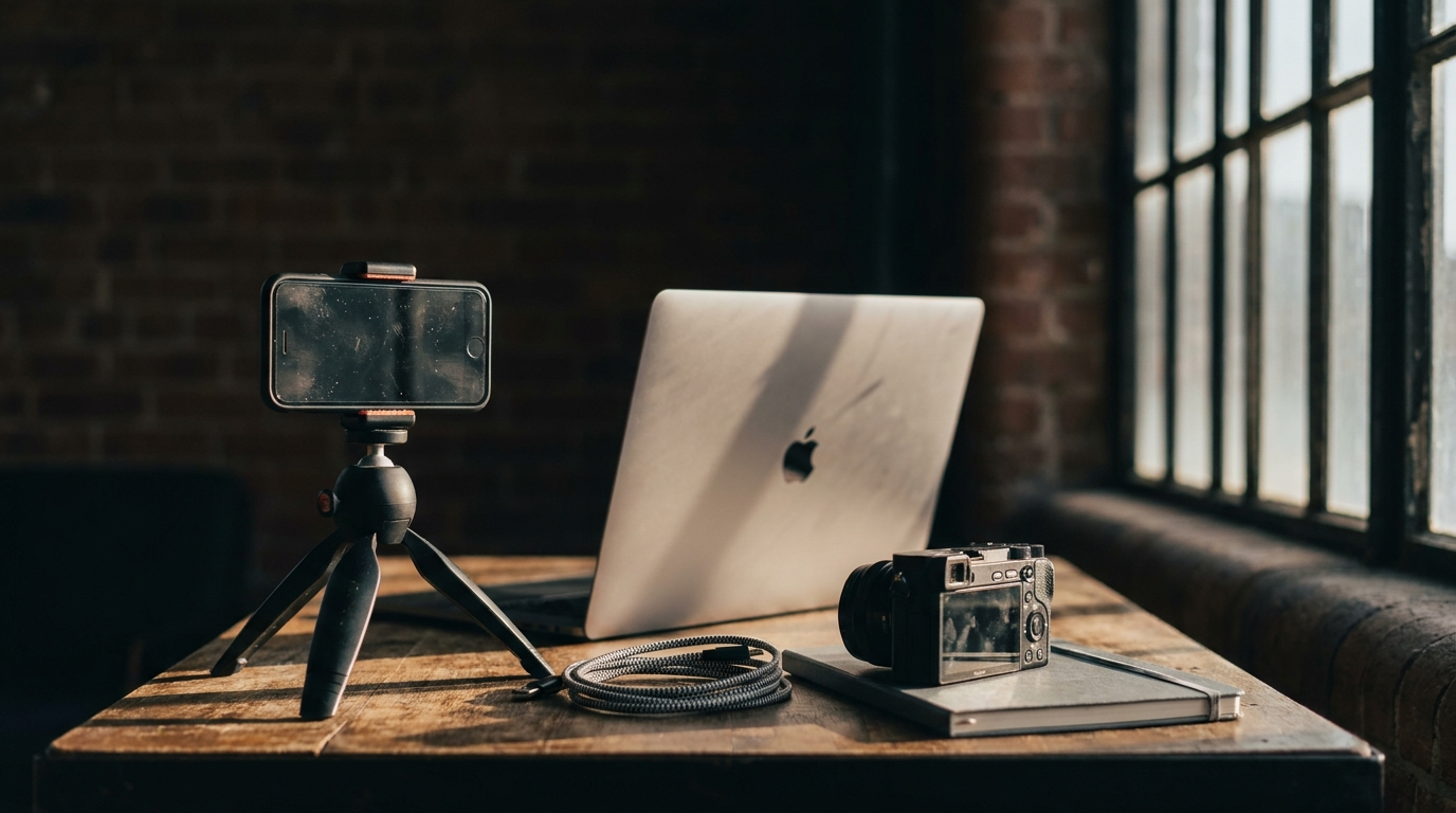 A smartphone clamped in a tabletop tripod beside a laptop in a brick-walled apartment