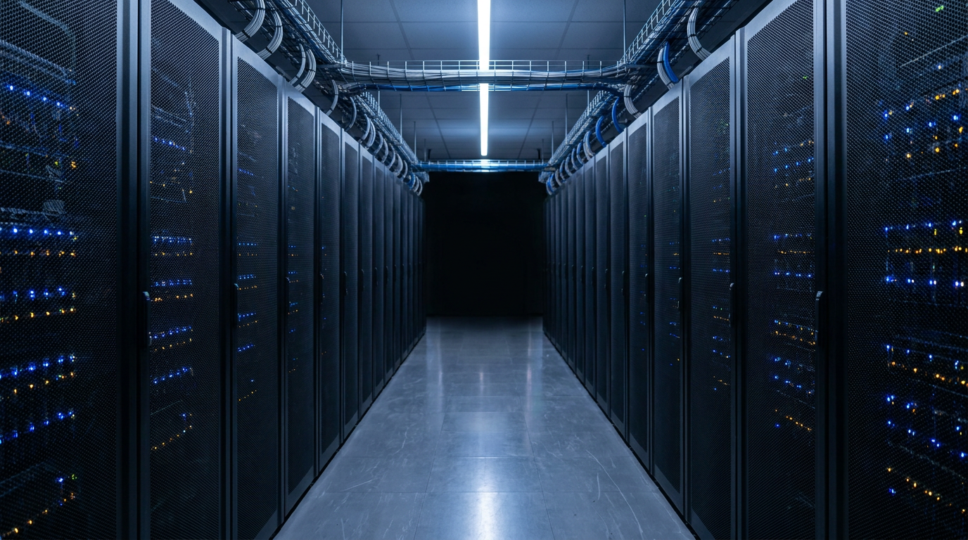 A data centre cold aisle lined with server racks and blue status lights, representing AI crawler traffic hitting a website