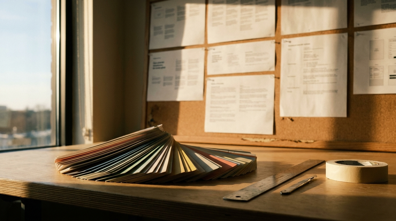 Colour swatch cards and pinned layout sheets on a design studio worktable