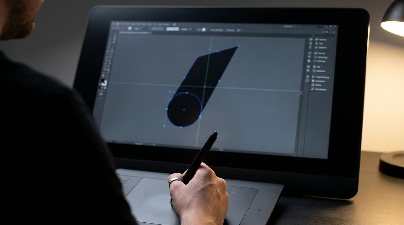 A designer holding a stylus in front of a dark vector editing canvas showing an asymmetric abstract mark surrounded by bezier paths and anchor points