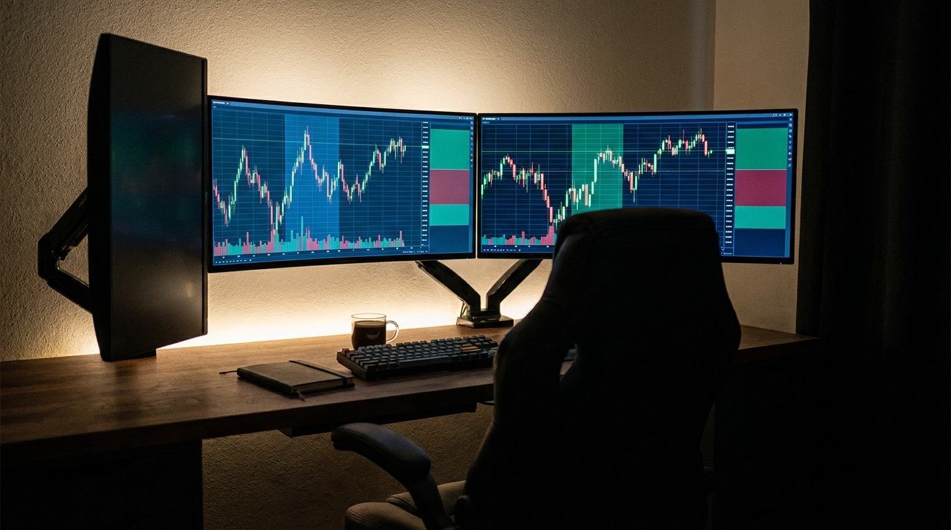 A dark home office at night with two ultrawide monitors filled with abstract candlestick chart geometry