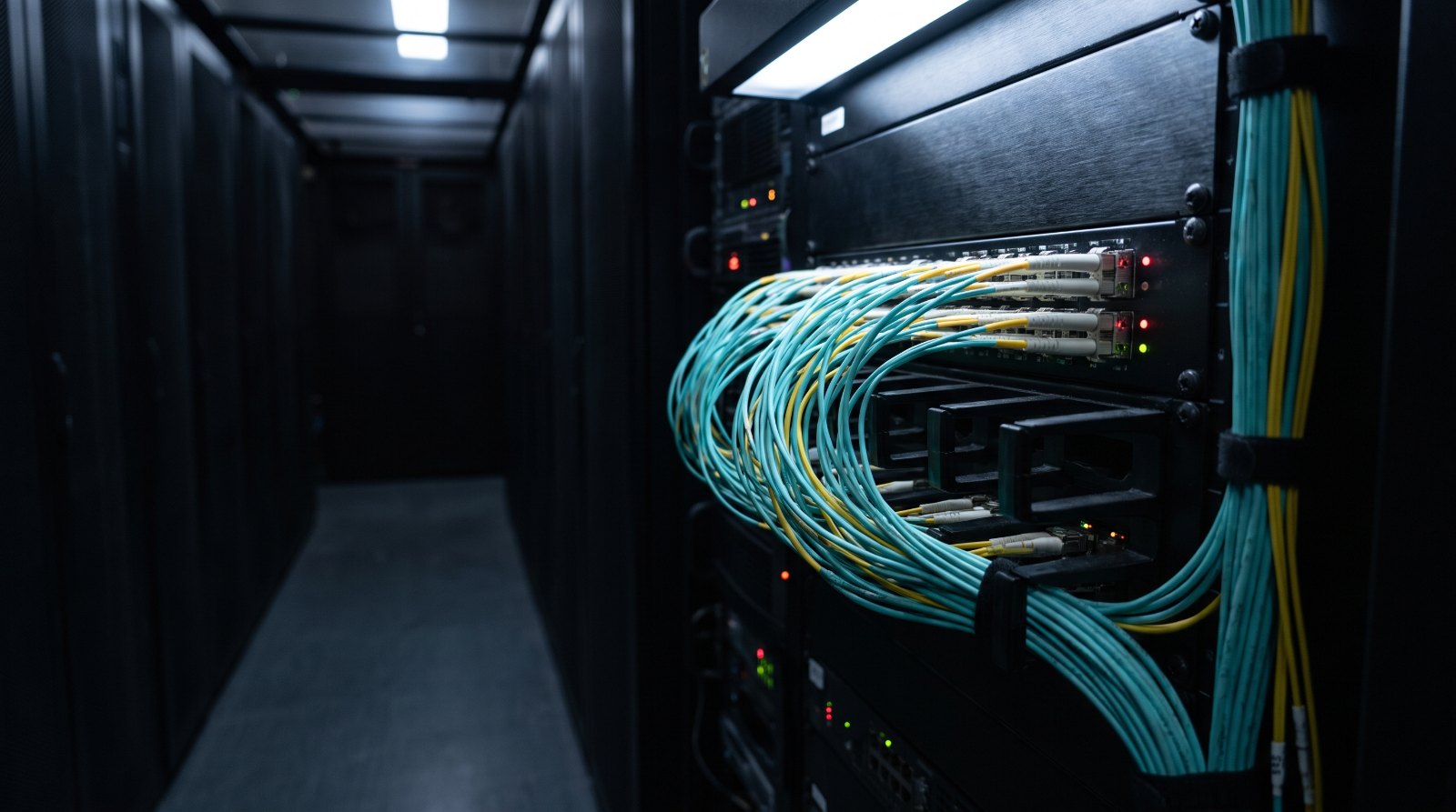 Fibre optic patch cables sweeping from a rack mounted panel in a data centre aisle