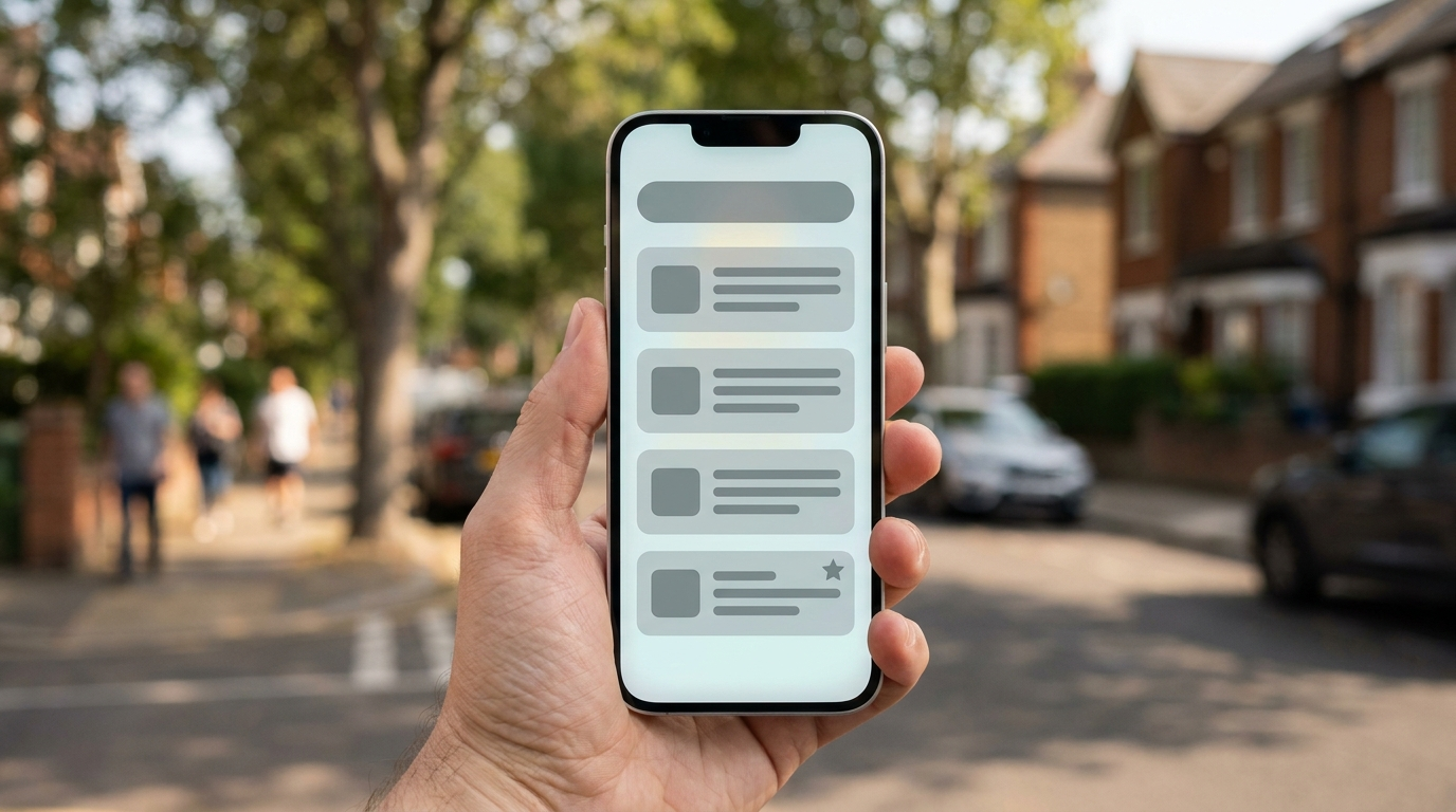 A hand holding a phone showing an abstract mobile search results list where one result carries a small star badge, representing the preferred badge Google applies to sources a user has selected.