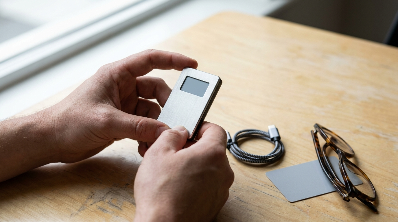 Two hands holding a slim brushed aluminium hardware wallet on a birch table in soft window light