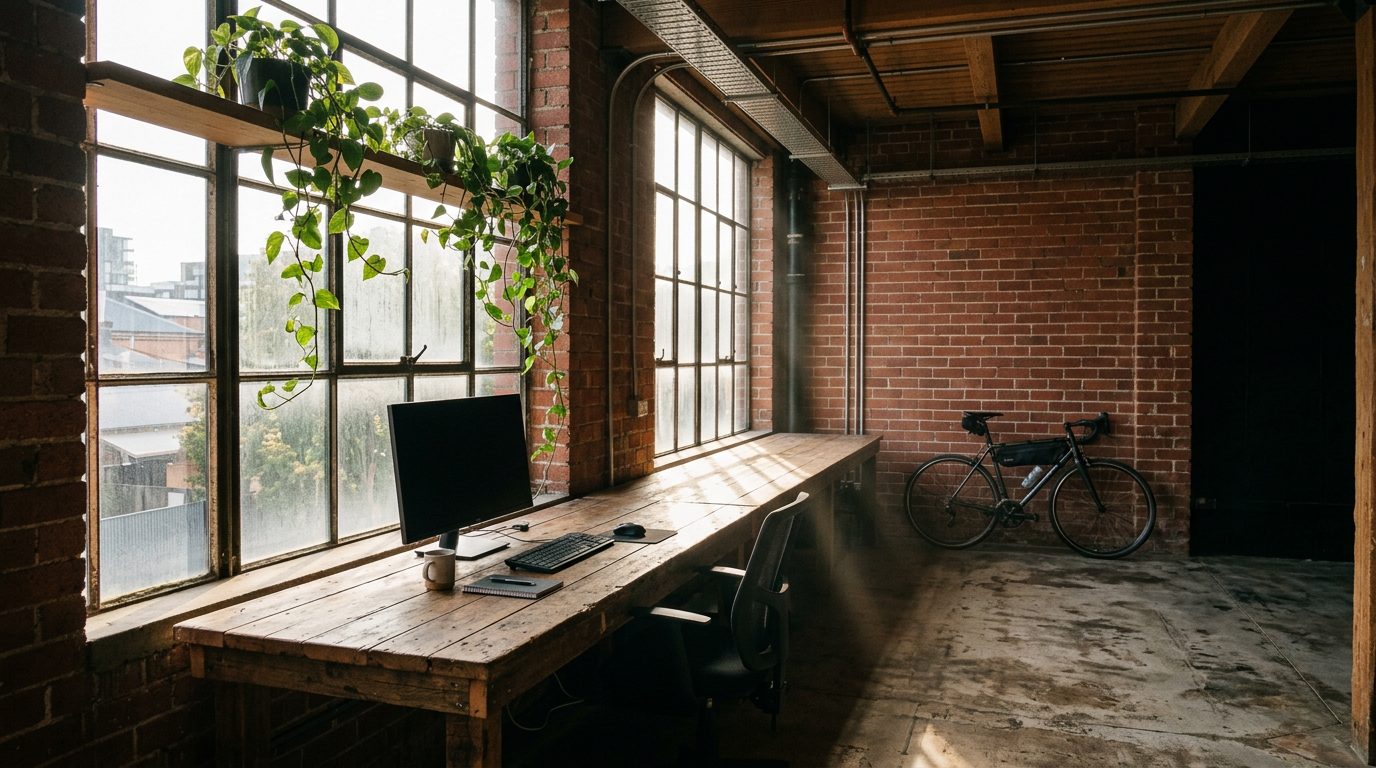 An empty independent studio workspace in a converted brick warehouse with morning light through tall windows