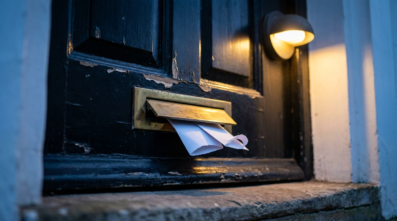 A brass letter slot in a black front door at dusk with two envelope corners pushed part way through