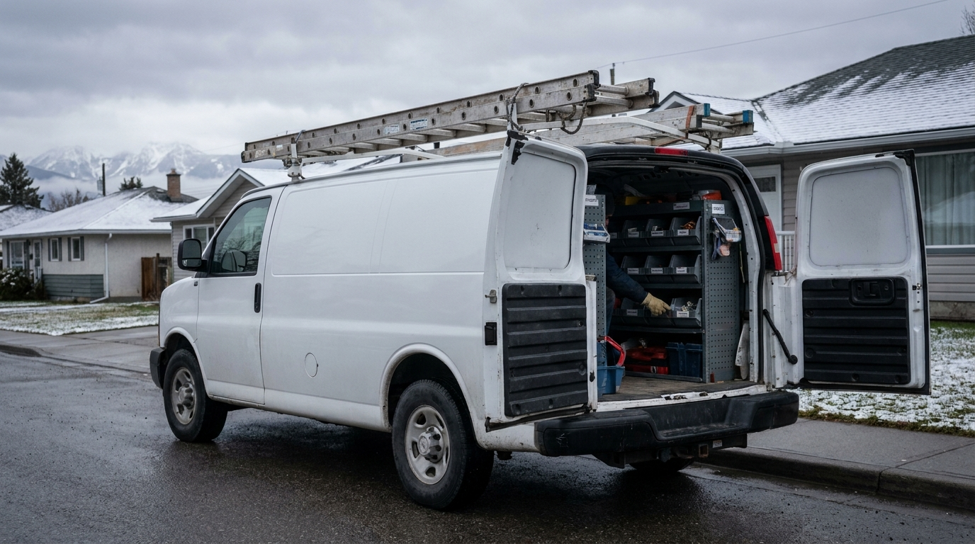 A white work van with a roof ladder and open rear doors parked on a residential street with snow dusted peaks behind, representing the local service business for whom Top Stories never fires.
