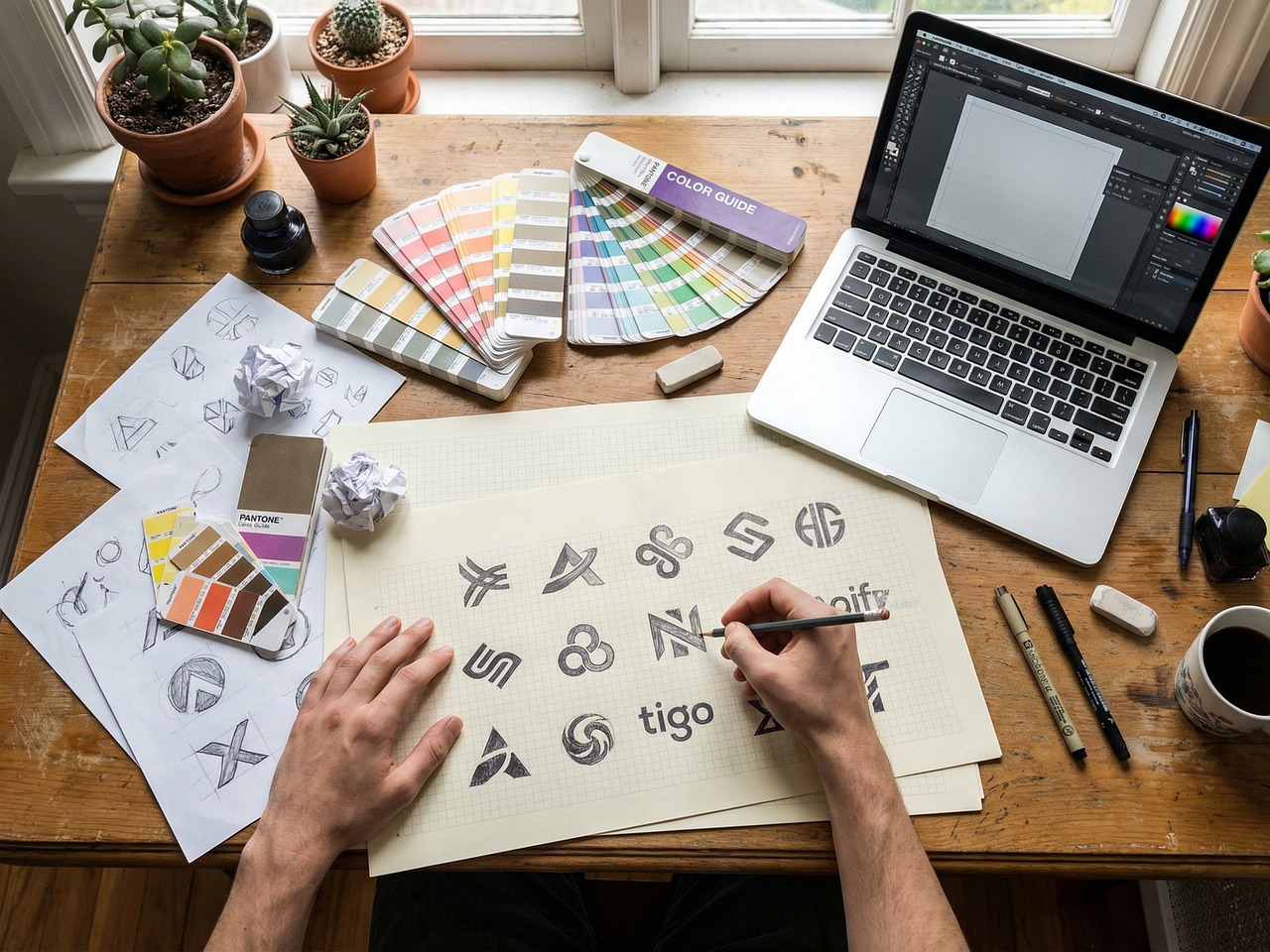 A designer workspace with hand-drawn logo sketches, printed colour swatches and vector marks on screen