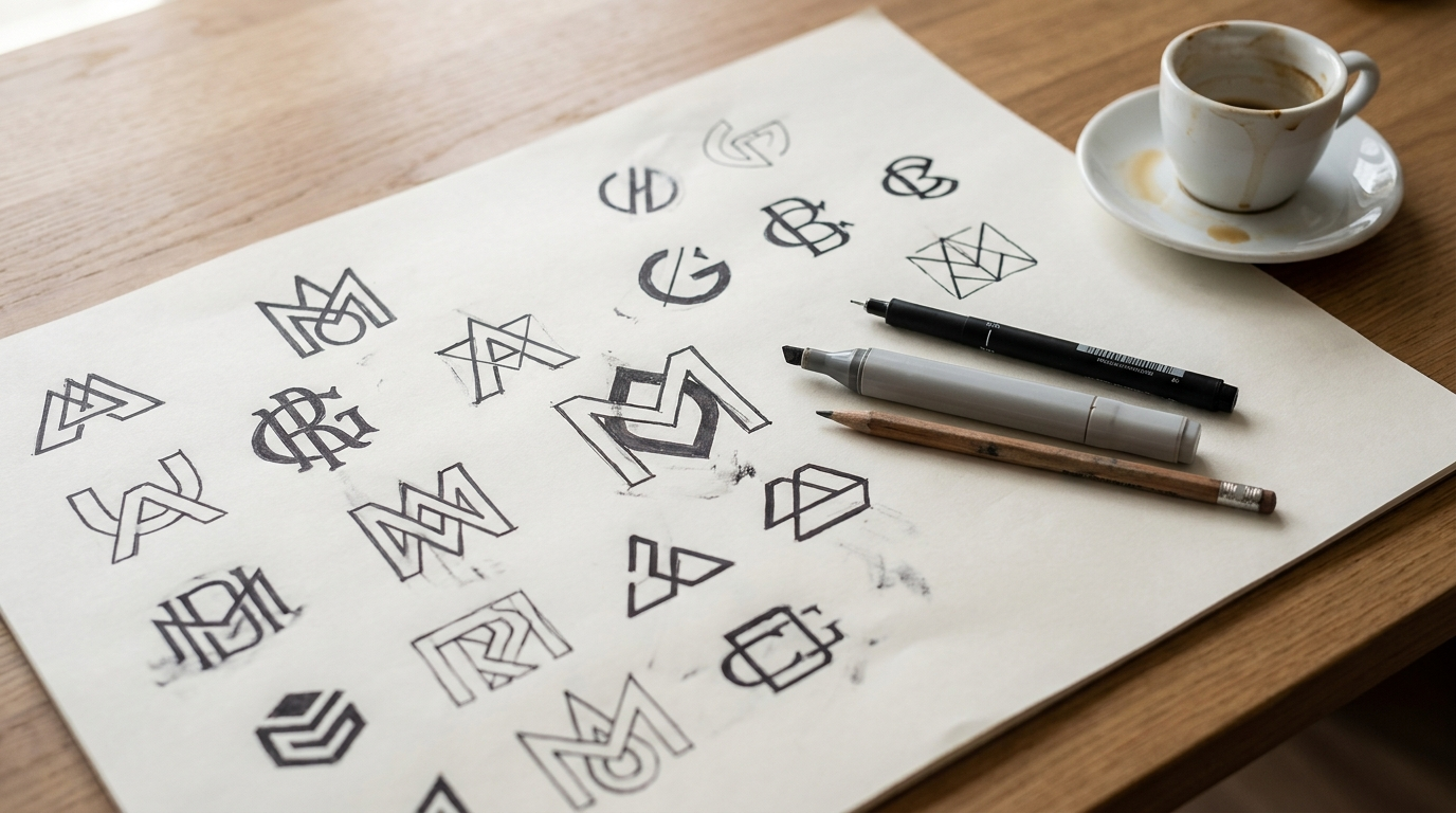 Hand-drawn abstract logo exploration studies in black ink on marker paper, with a fineliner, a grey marker and a pencil resting across the sheet
