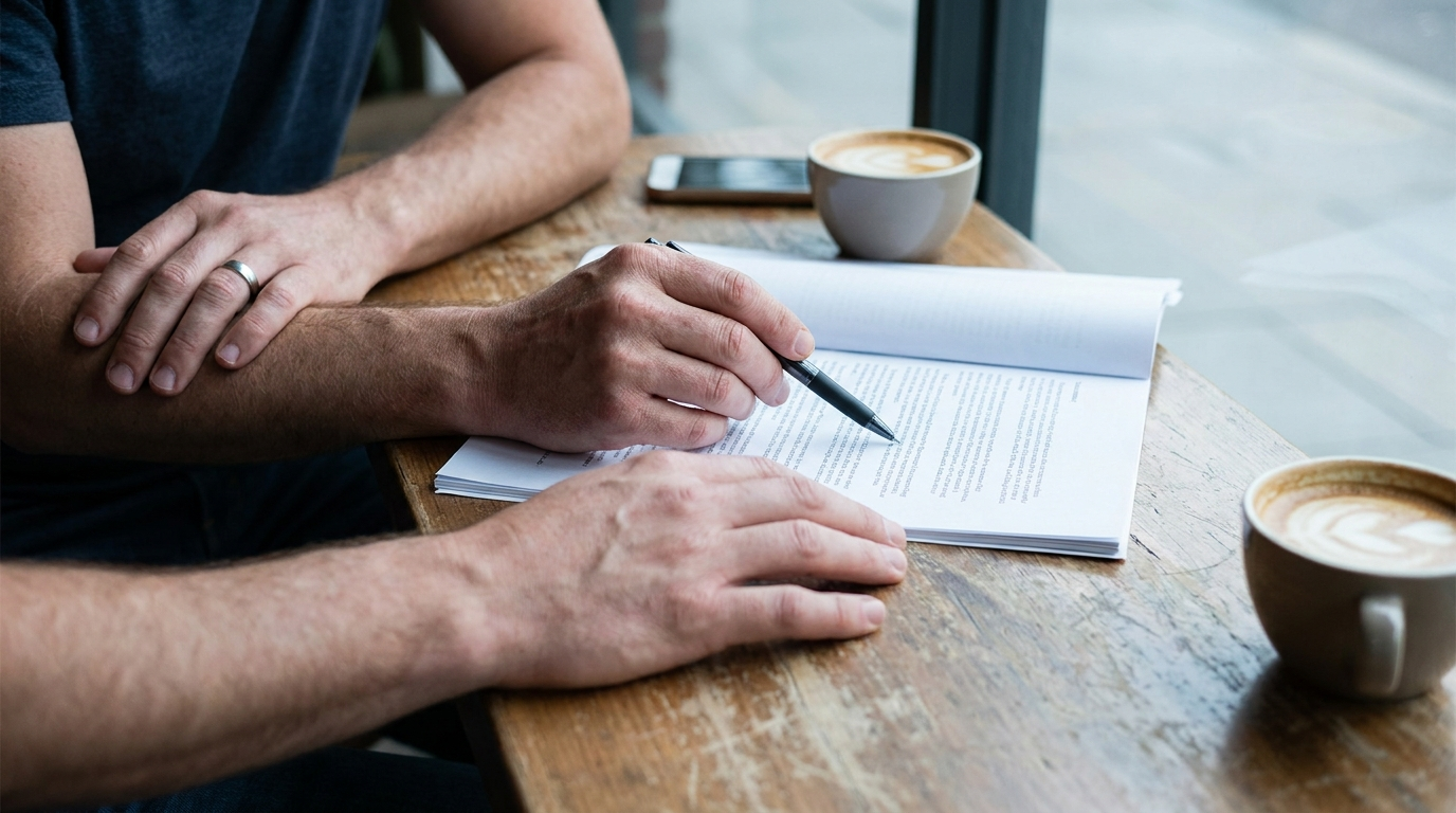 Two pairs of hands reviewing a printed retainer scope document across a wooden cafe table