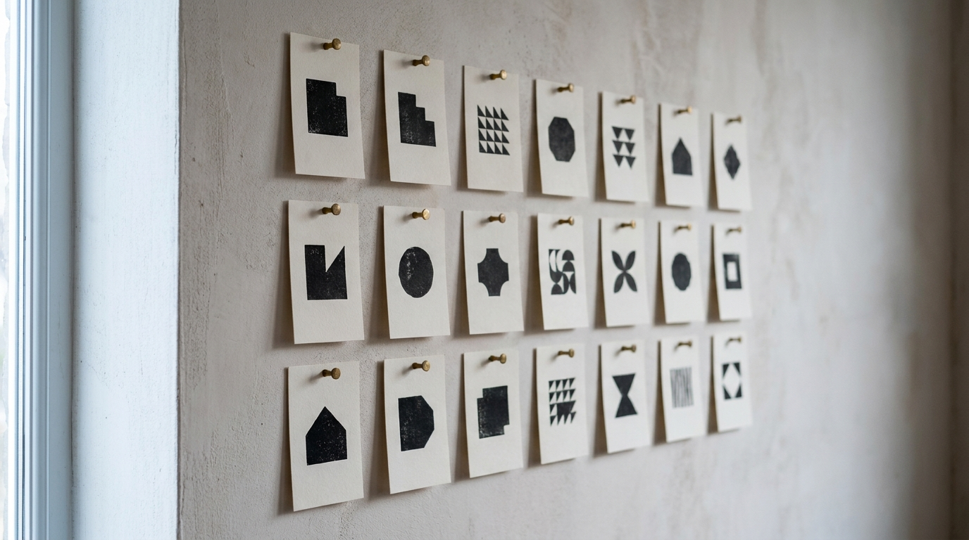 A studio wall pinned with a grid of white cards showing near-identical abstract geometric symbols
