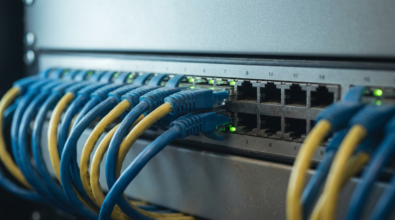 Macro photograph of a network patch panel with some ports lit and connected and others dark and empty