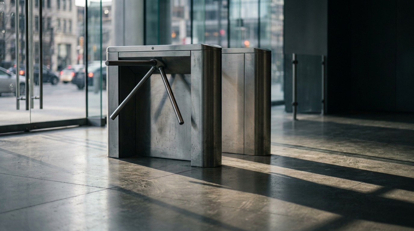 A brushed steel office lobby turnstile with one gate arm open and one closed