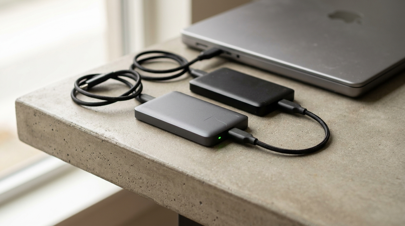Two external solid state drives connected beside a closed laptop on a concrete desk