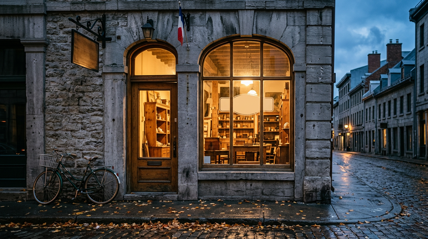 Narrow Old Montreal shopfront lit at dusk, the setting where Quebec signage rules and website language rules meet for the same business