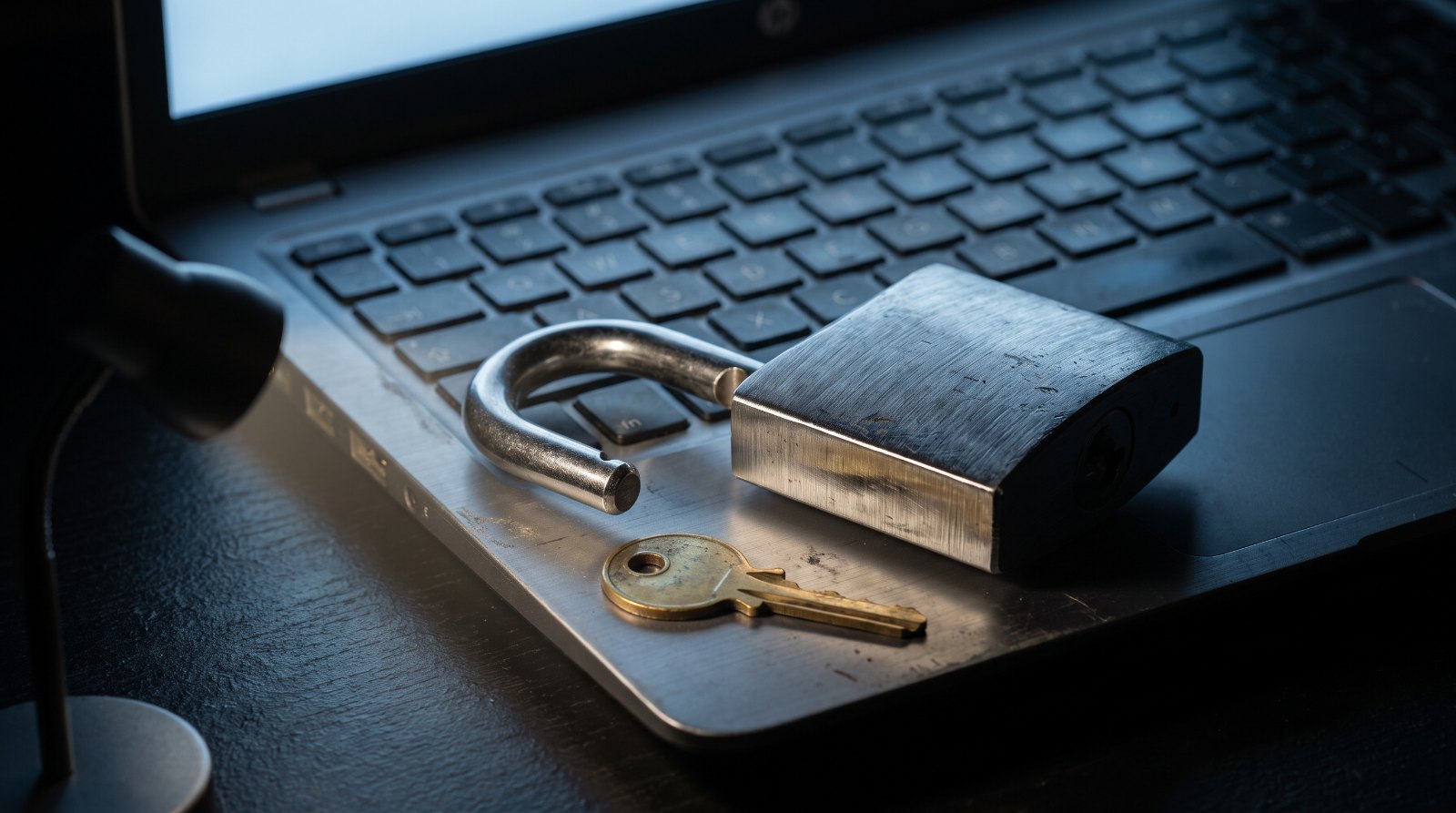 An open padlock and a brass key resting on a laptop keyboard at night
