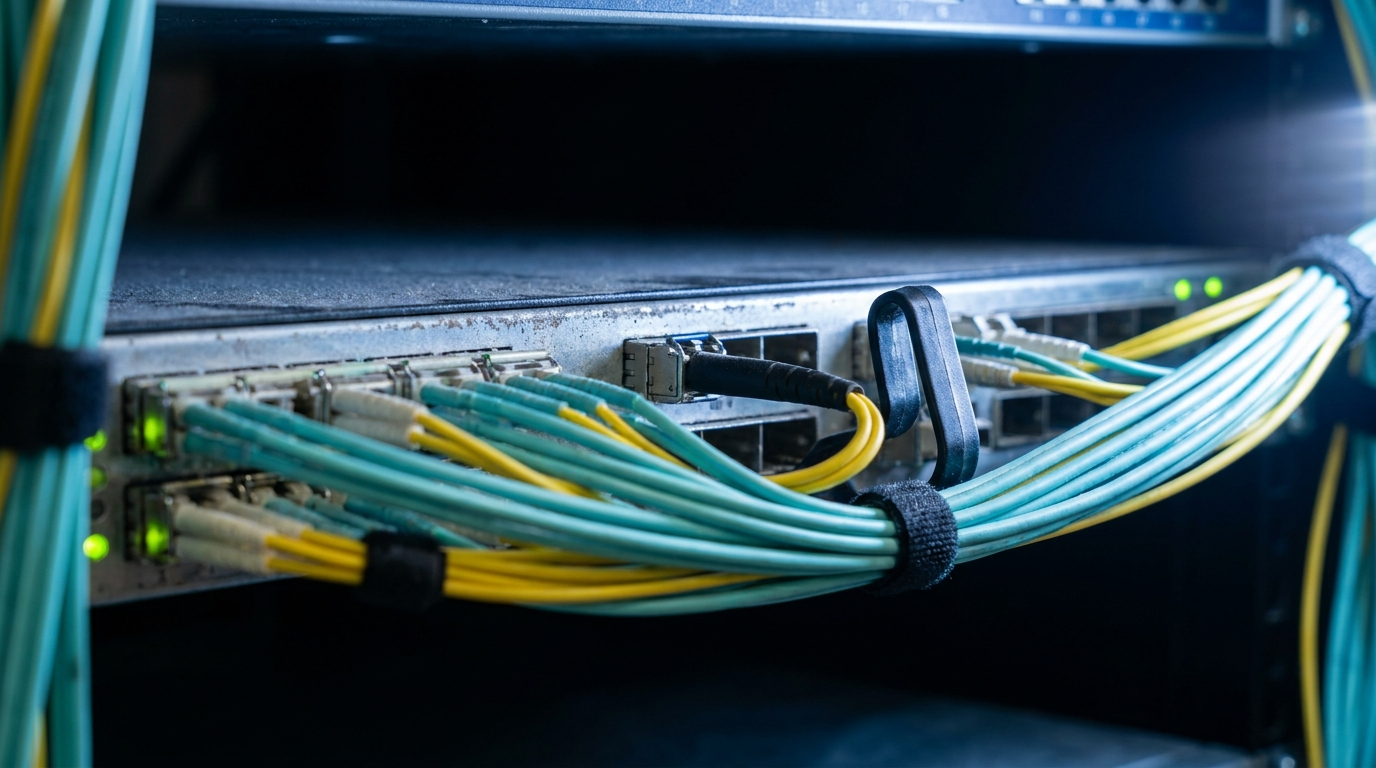 Network patch cables converging into a single port, illustrating a passthrough redirect