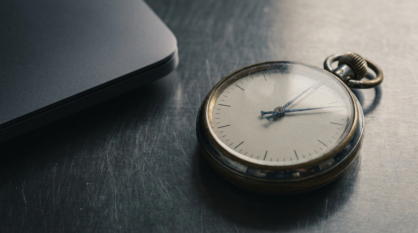 Stopwatch on a brushed steel surface beside a closed laptop