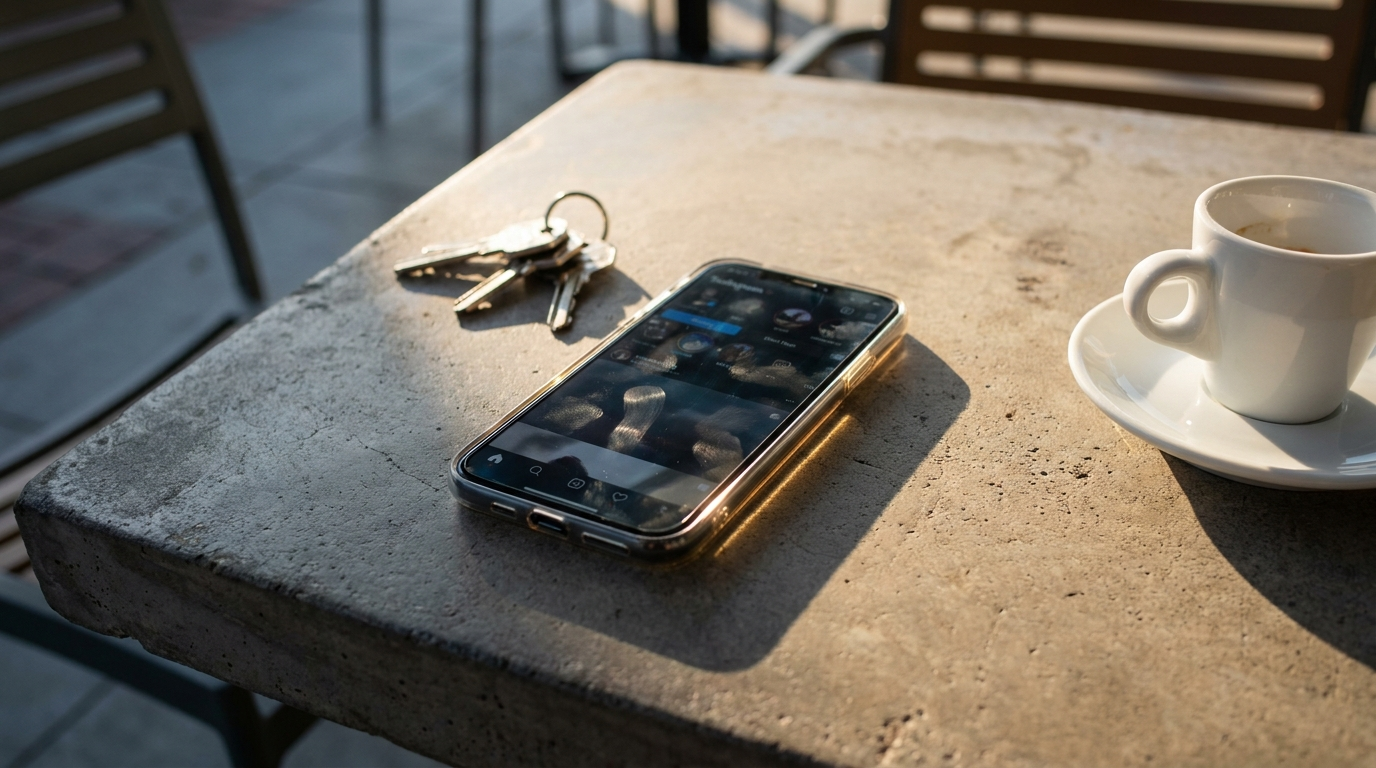 A phone on a cafe table showing a social feed layout