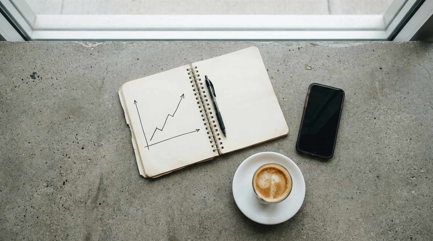 An open notebook with a hand-drawn rising line graph beside a phone and a coffee