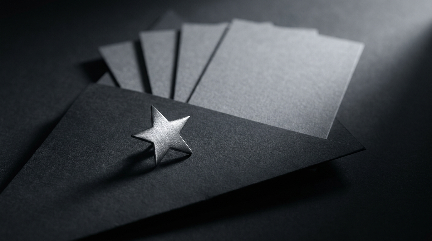 A brushed metal star pin lit by a hard key light resting on dark paper with unmarked cards fanned behind it, representing a reader deliberately selecting one preferred source.