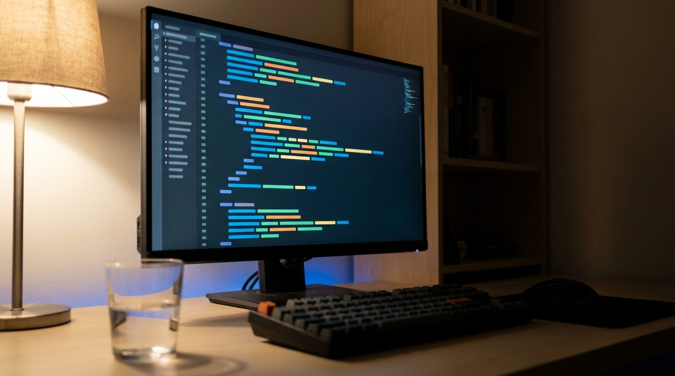 A code editor on a monitor in a dim home office showing abstract syntax highlighted lines, representing the one script tag and one div that install the Preferred Sources button.