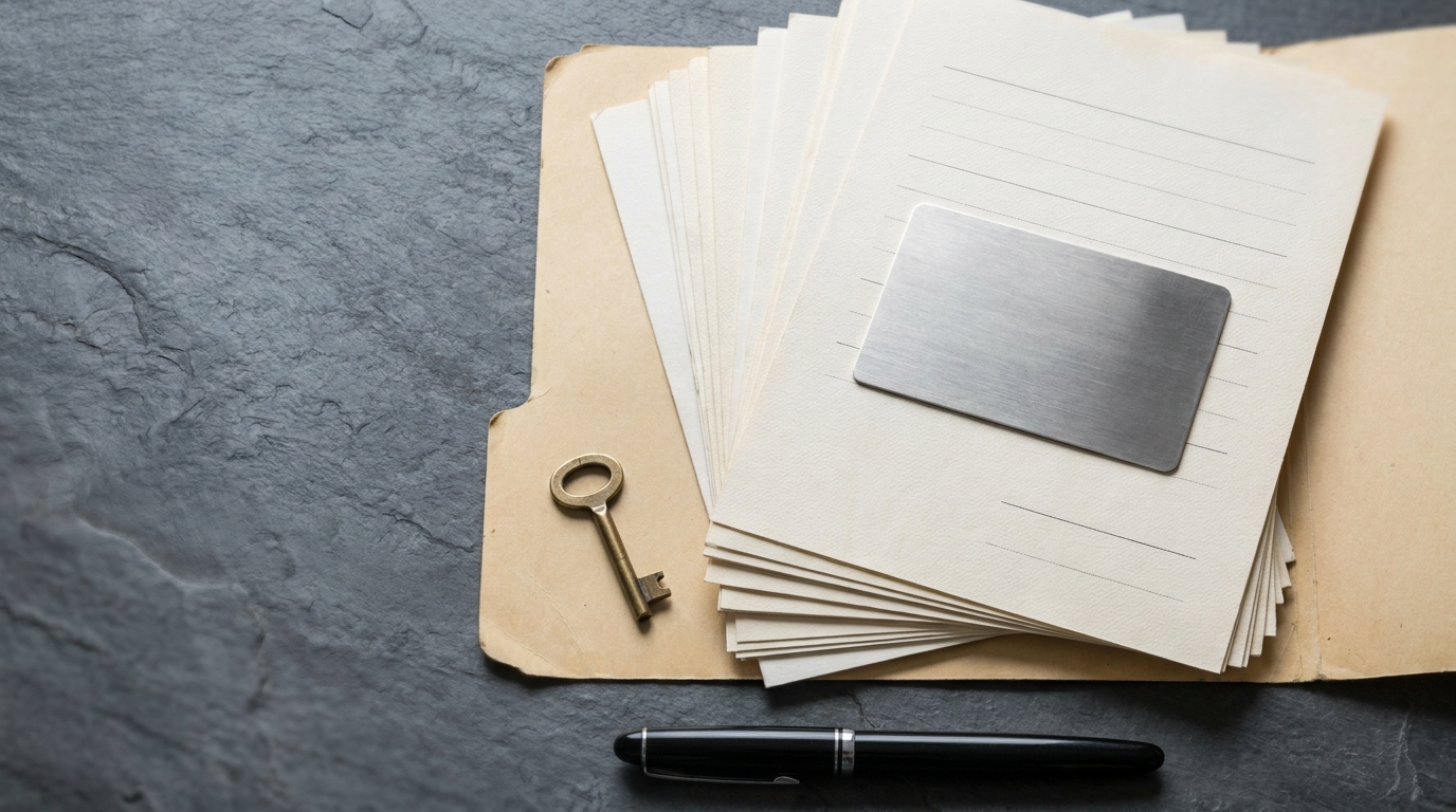 Folder of licence paperwork with a payment card and a small key on a slate desk