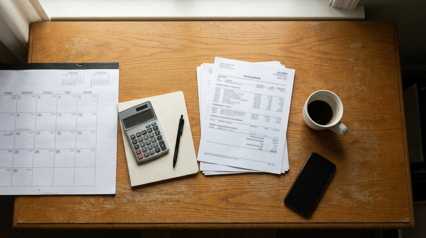 Overhead view of a desk set up for quarterly filing with a calendar, calculator, notepad and a stack of printed booking sheets