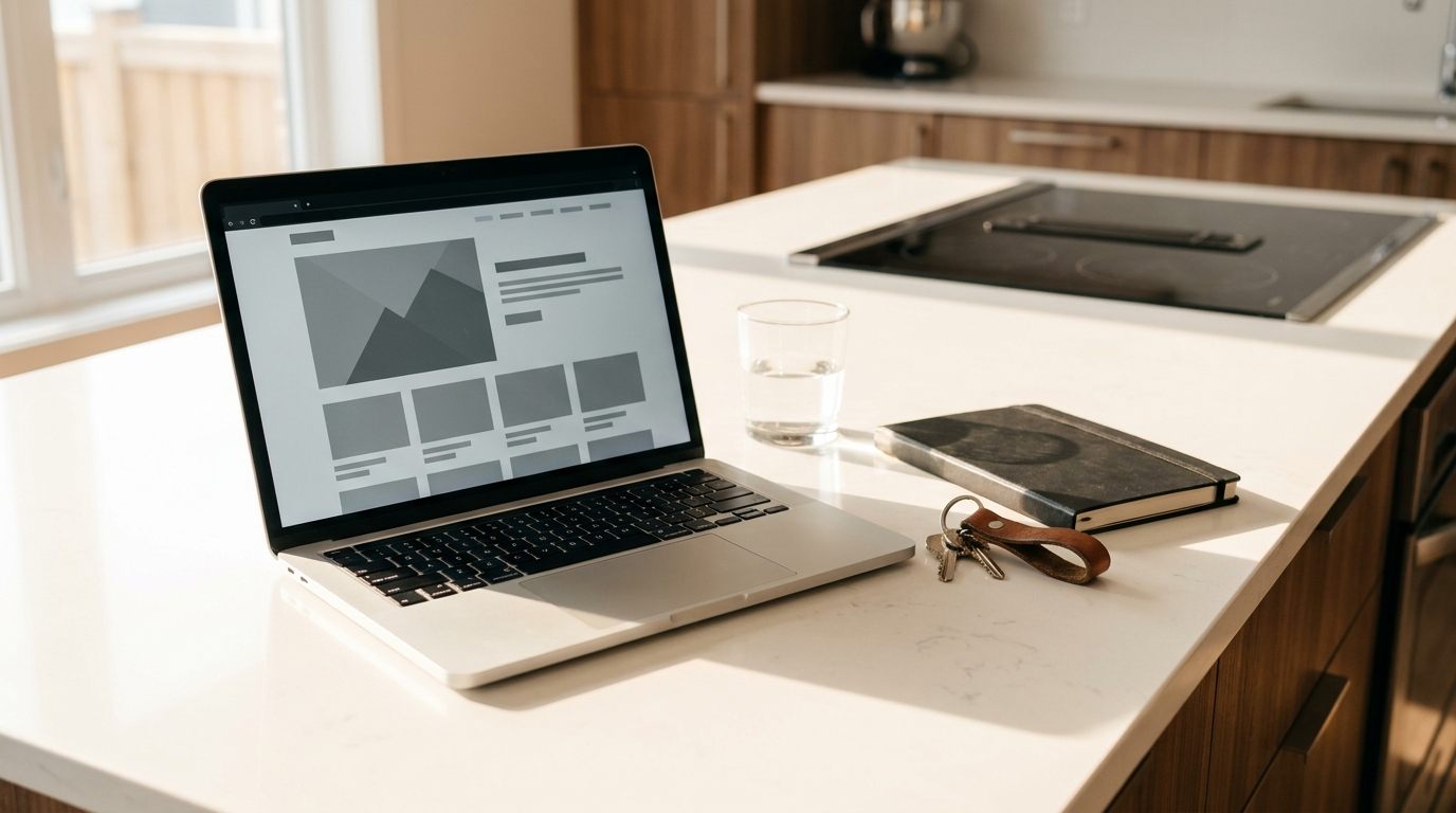 A REALTOR reviewing their own website listing page on a laptop.