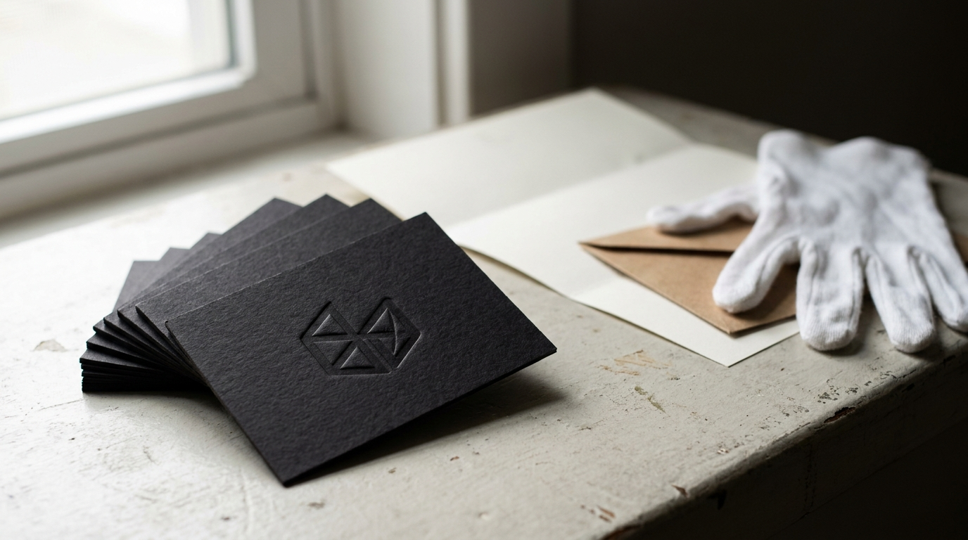 Freshly printed debossed business cards and letterhead produced during a rebrand rollout