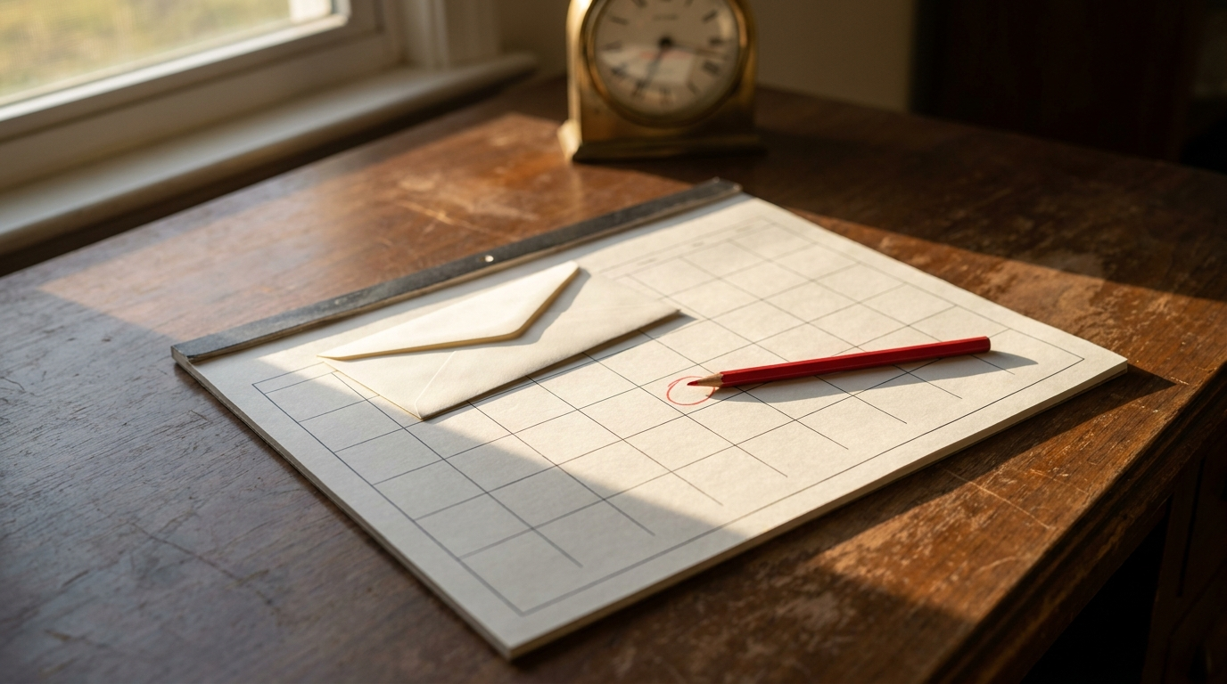 A paper calendar with a circled date and a plain envelope on a desk, representing the 30 to 60 day renewal notice window required on subscription terms longer than 60 days.