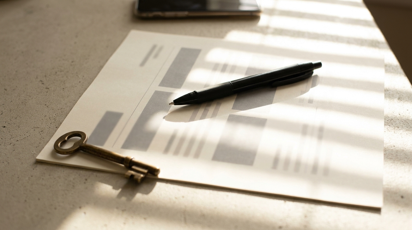 A single printed scope page held down by a brass key on a concrete desk under hard slatted blind light