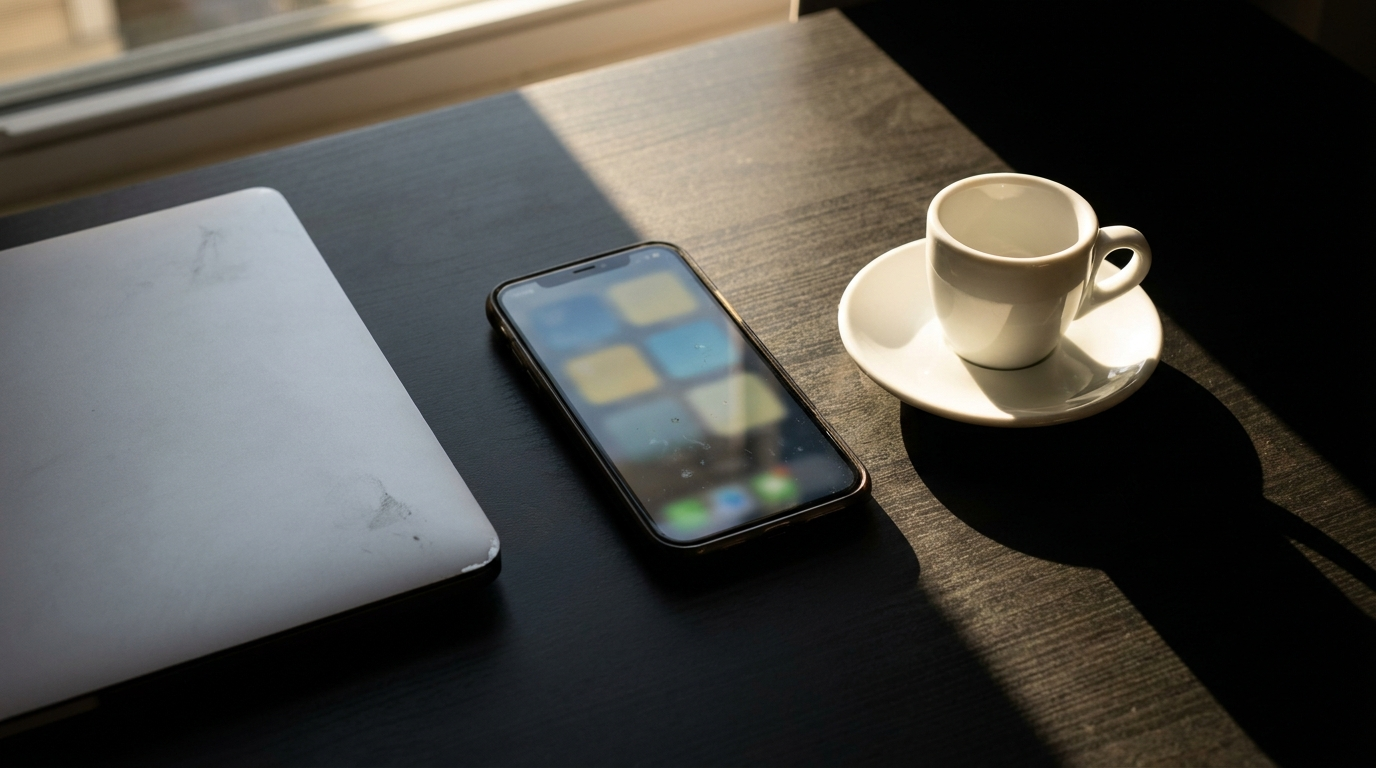 A phone showing a grid of social post thumbnails beside a laptop on a sunlit desk