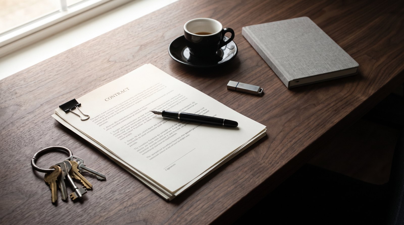 A signed contract, a fountain pen and a ring of keys on a wooden desk