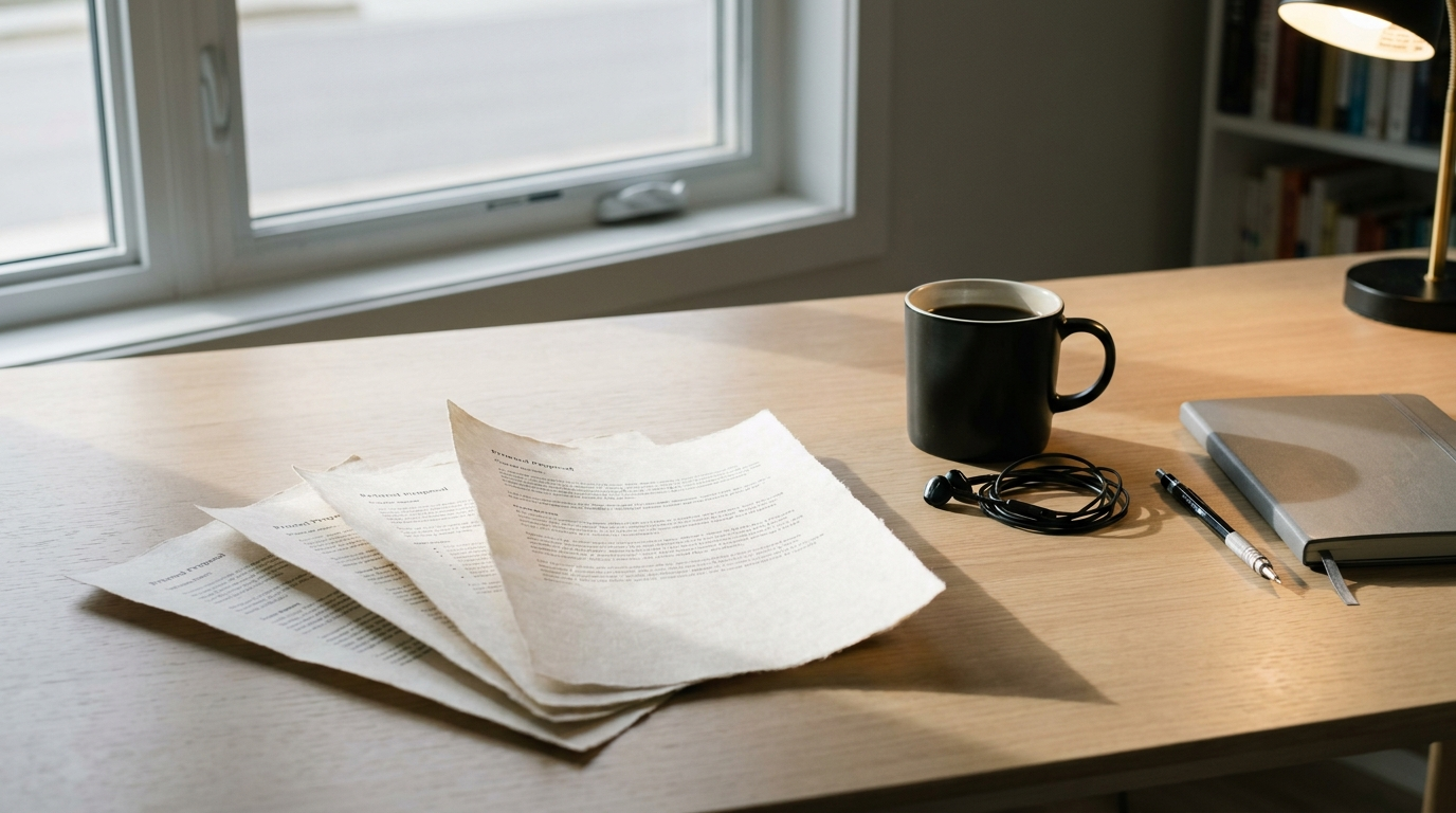 Three printed agency proposals fanned on a desk beside a coffee mug