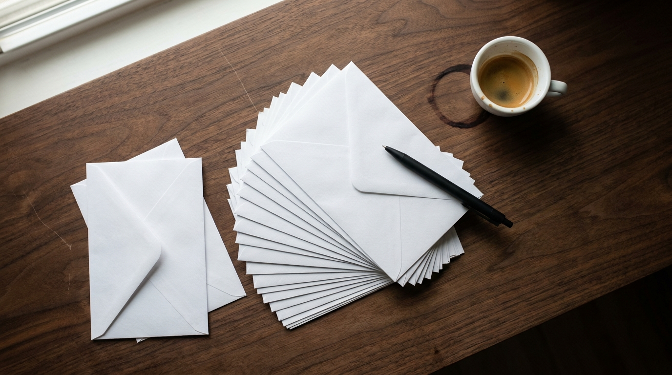 Overhead view of a stack of plain white envelopes and an espresso on a dark walnut desk