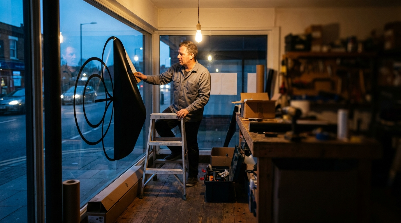 Installer applying new vinyl signage to a storefront window during a rebrand rollout