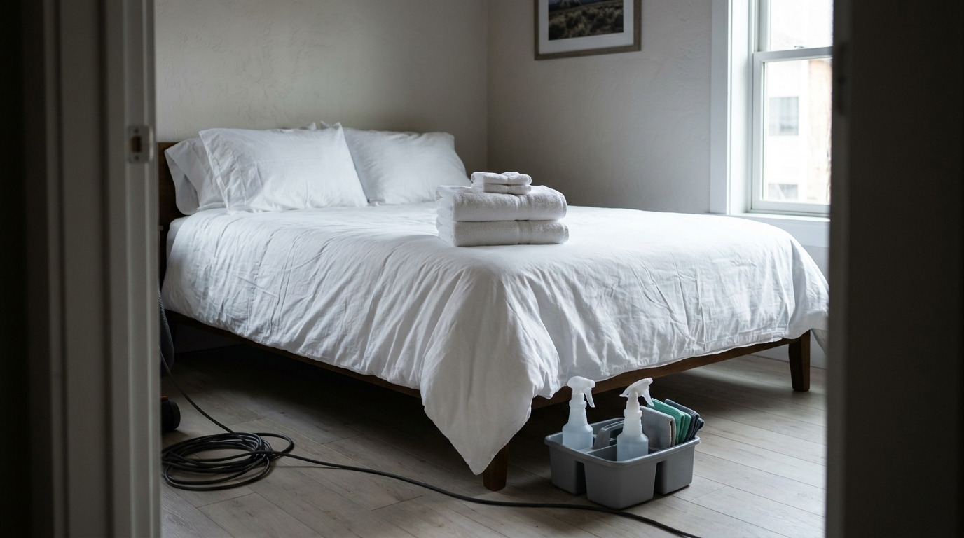 Freshly made bed with white linen and folded towels during a short-term rental turnover