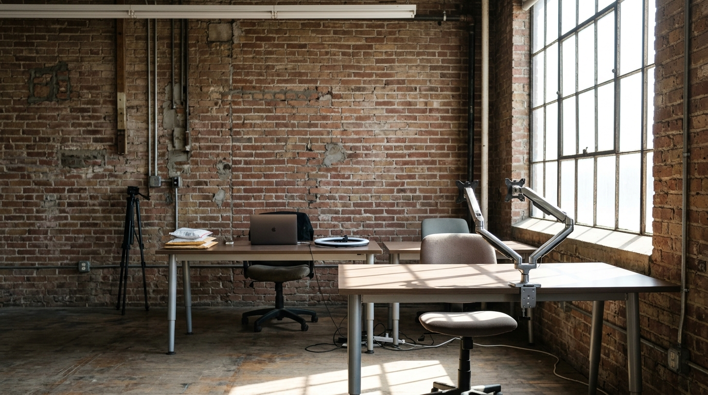 A half-empty two-desk studio office with one workstation unused