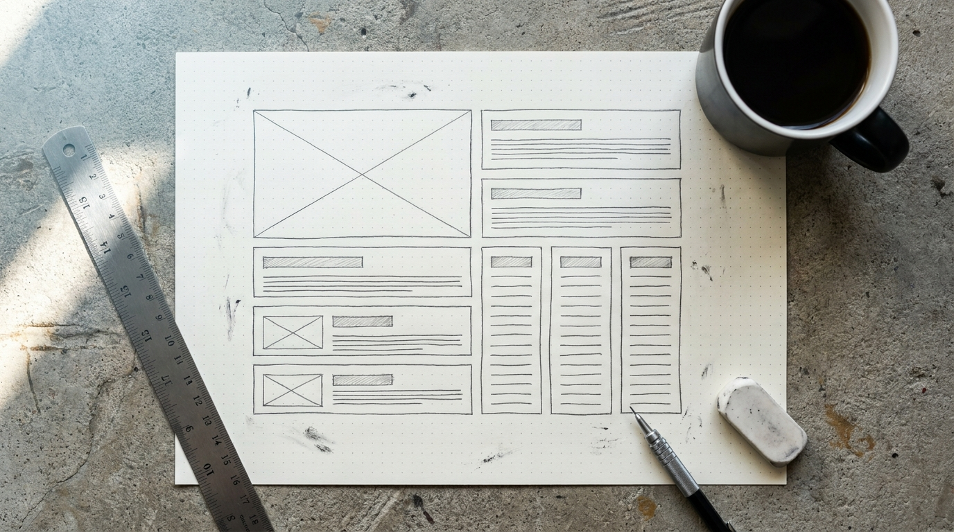 A hand-drawn pencil website wireframe on dot grid paper with a steel ruler, mechanical pencil and coffee mug